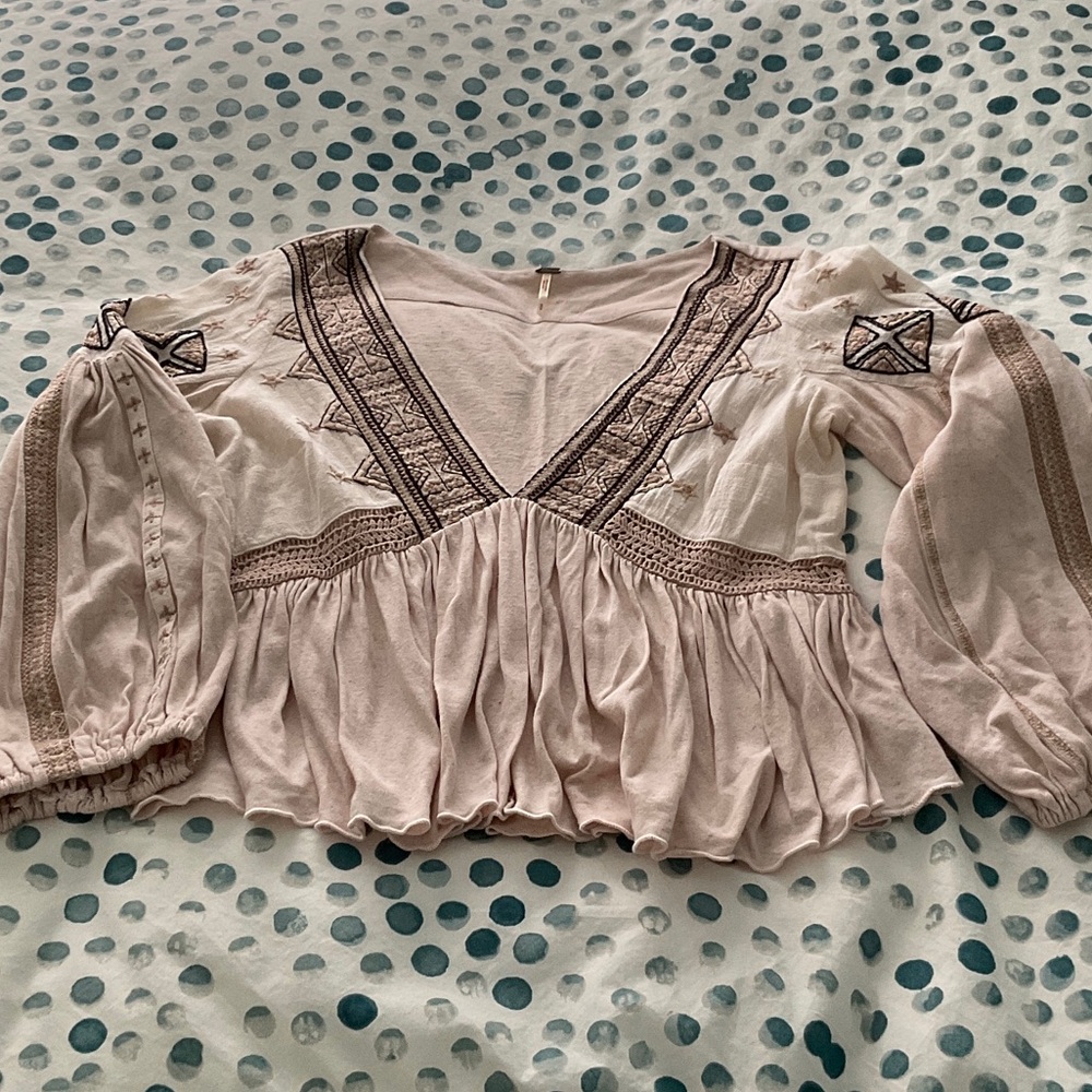 Free People Dusty Blush/Tan Embroidered Peasant Blouse